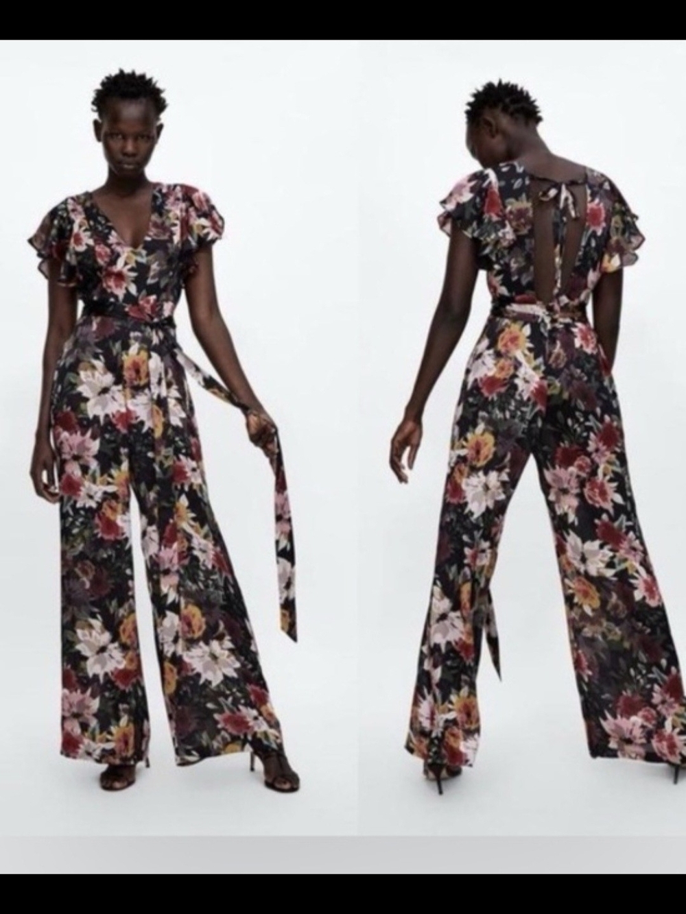 Zara Black Floral Wide Leg Jumpsuit - Picture 5 of 5